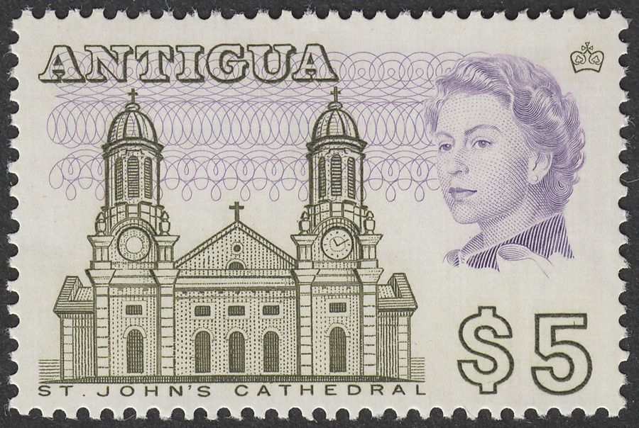 Antigua 1969 QEII $5 Olive-Green + Slate-Violet p13½ on Glazed Paper Mint SG195a
