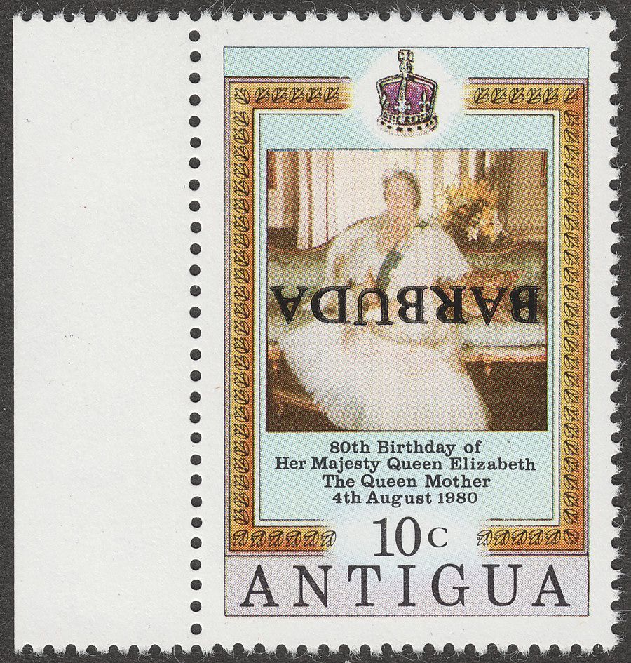 Barbuda 1980 QEII 80th Birthday Queen Mother 10c Overprint Inverted Mint SG533a