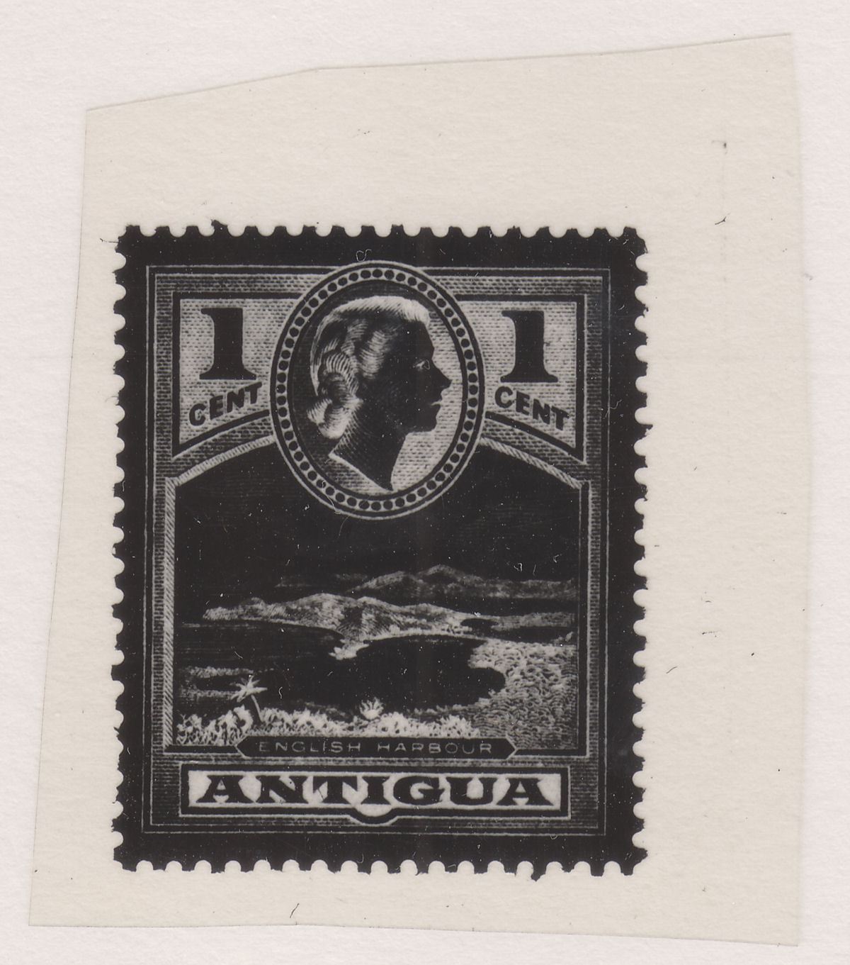 Antigua 1953 QEII 1c Printer's Black Stamp Design on Clear Plastic Piece