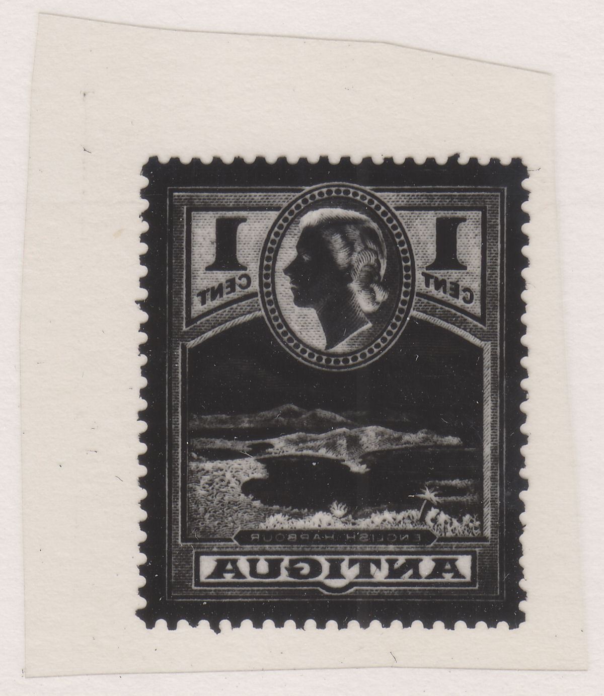 Antigua 1953 QEII 1c Printer's Black Stamp Design on Clear Plastic Piece