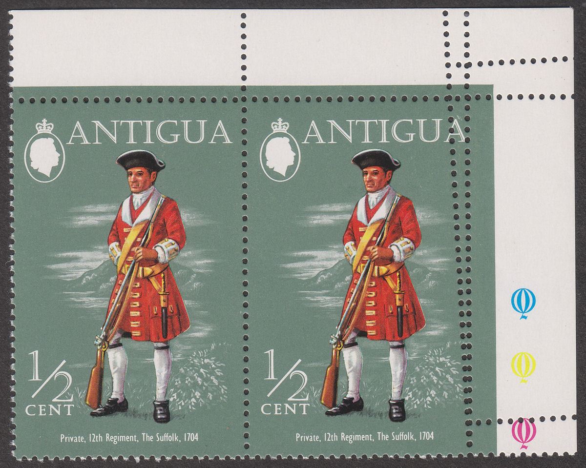Antigua 1971 QEII Military Uniforms ½c Pair Misperforated UM Mint SG303