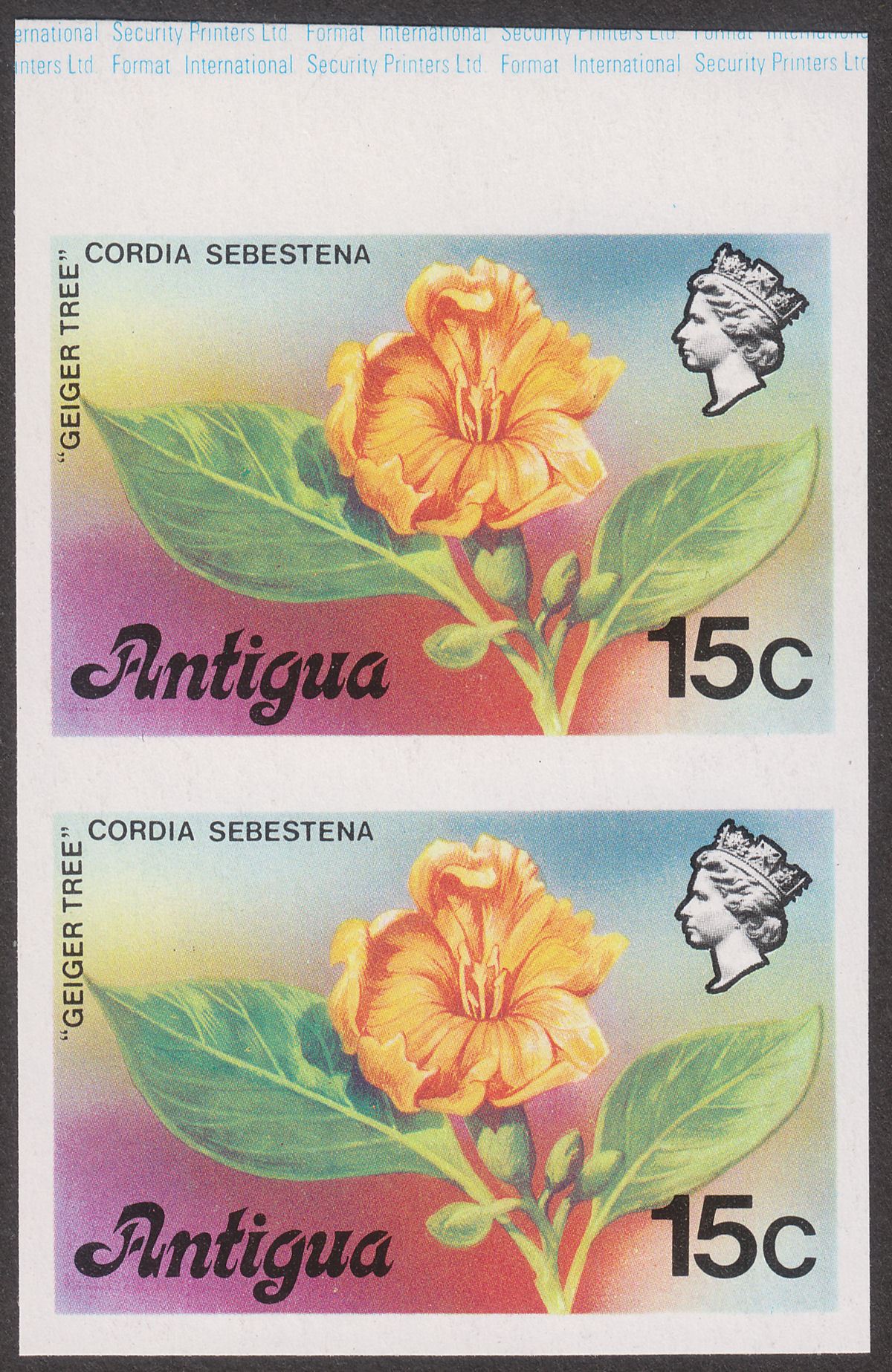 Antigua 1976 QEII Geiger Tree 15c Imperf Pair Mint SG477A Printer's Proof