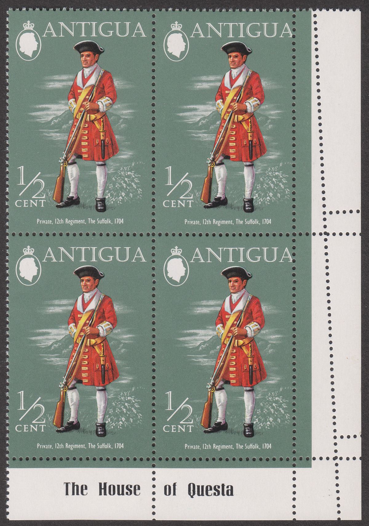 Antigua 1971 QEII Military Uniforms ½c Block of 4 Misperforated UM Mint SG303var