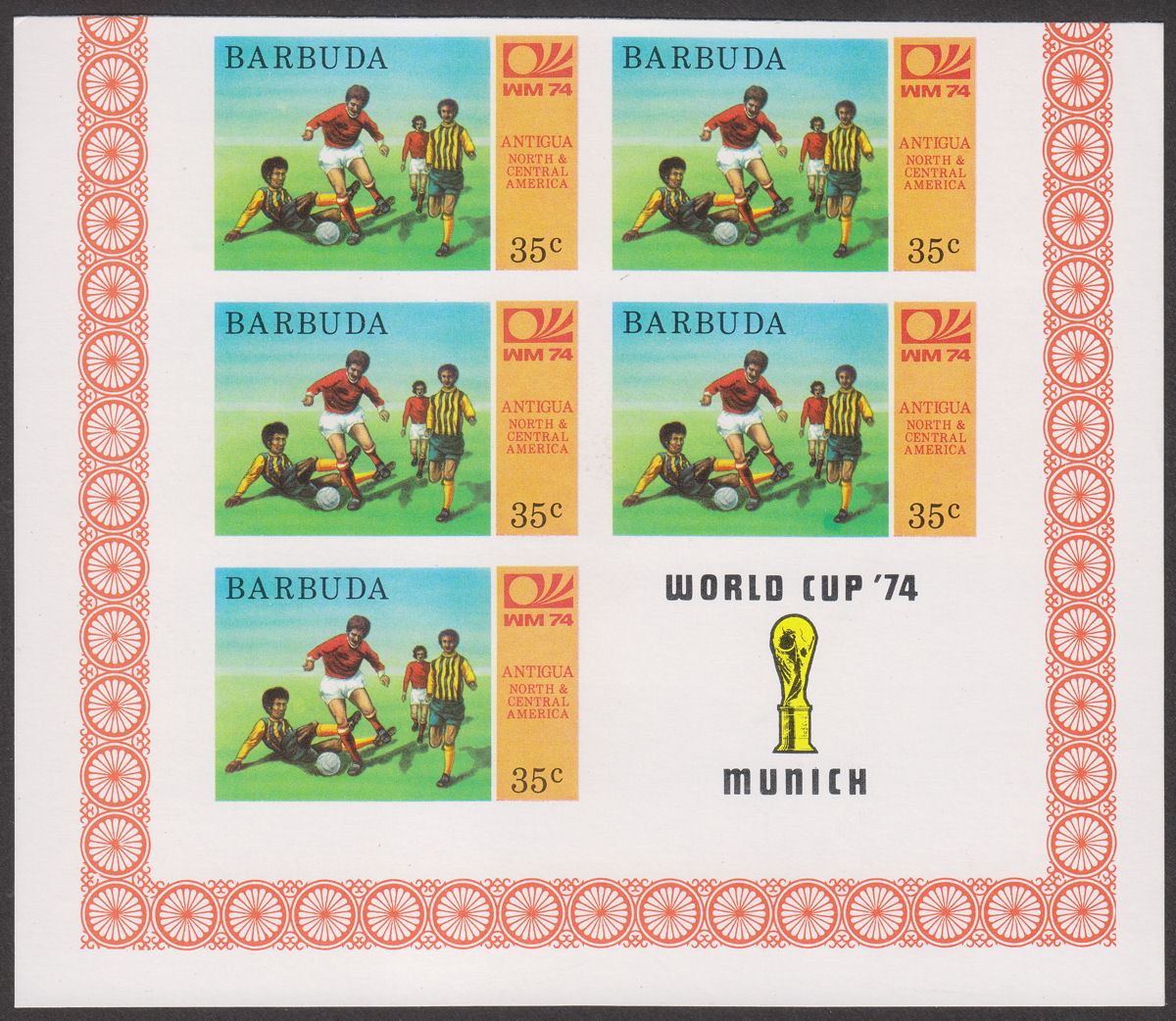 Barbuda 1974 QEII World Cup Football 35c Imperf Block Mint SG168var