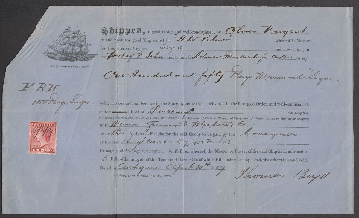 Antigua 1889 QV 1d Fiscally Used on Ship Bill of Lading Document sugar export