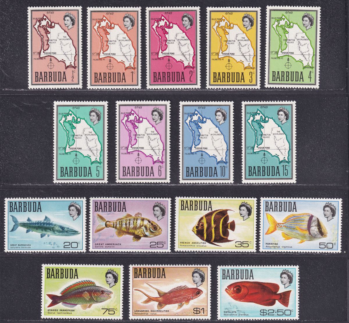 Barbuda 1968 Queen Elizabeth II Maps and Fish Set to $2.50 Mint SG12-26 cat £36
