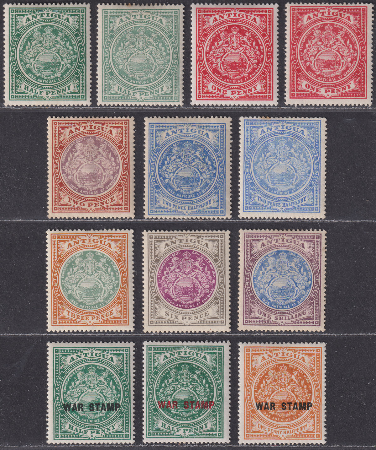 Antigua 1908-18 KEVII-KGV Seal Set to 1sh + War Stamp ½d, 1½d Mint