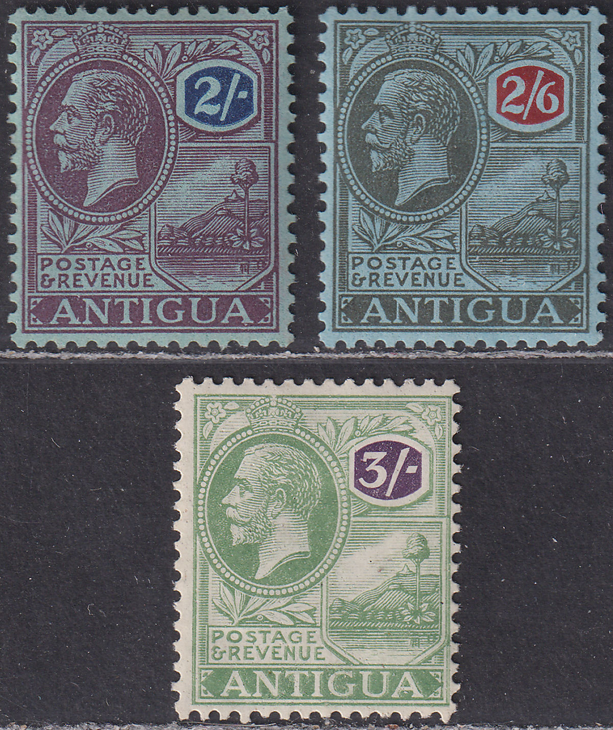 Antigua 1922-27 King George V 2sh, 2sh6d, 3sh Mint SG77-79 cat £115