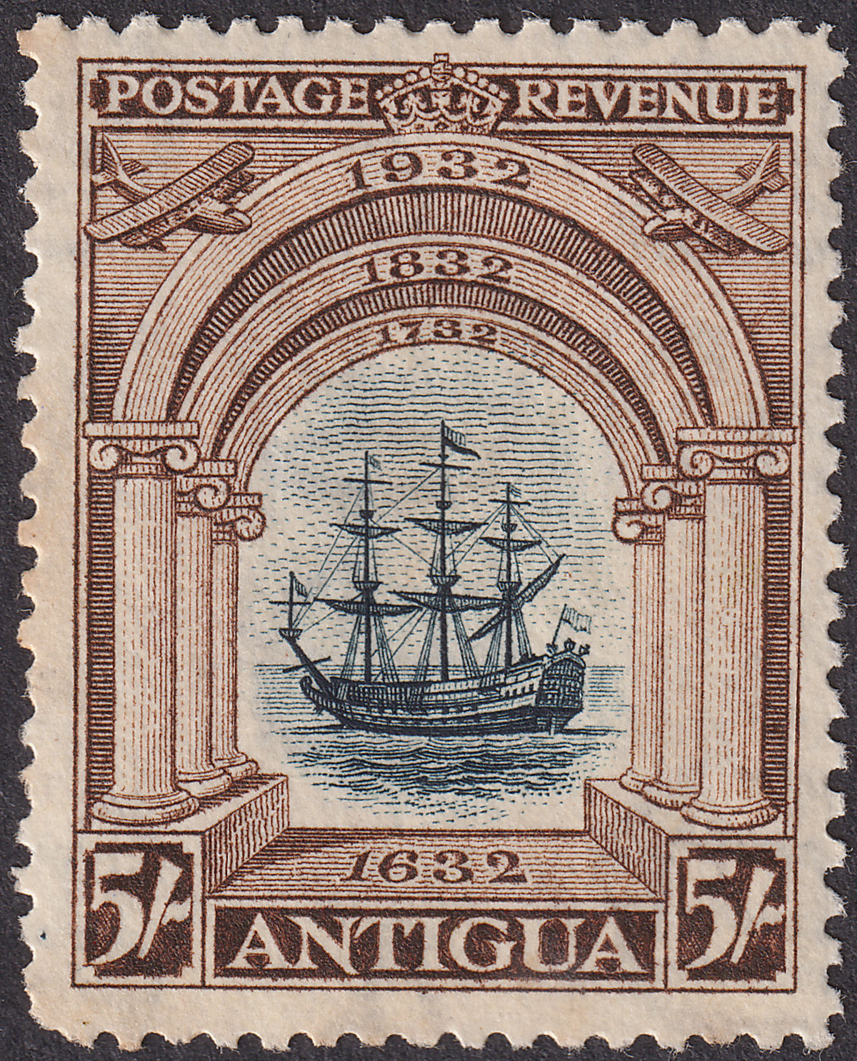 Antigua 1932 KGV Tercentenary 5sh Black and Chocolate Mint SG90 cat £120 TONING