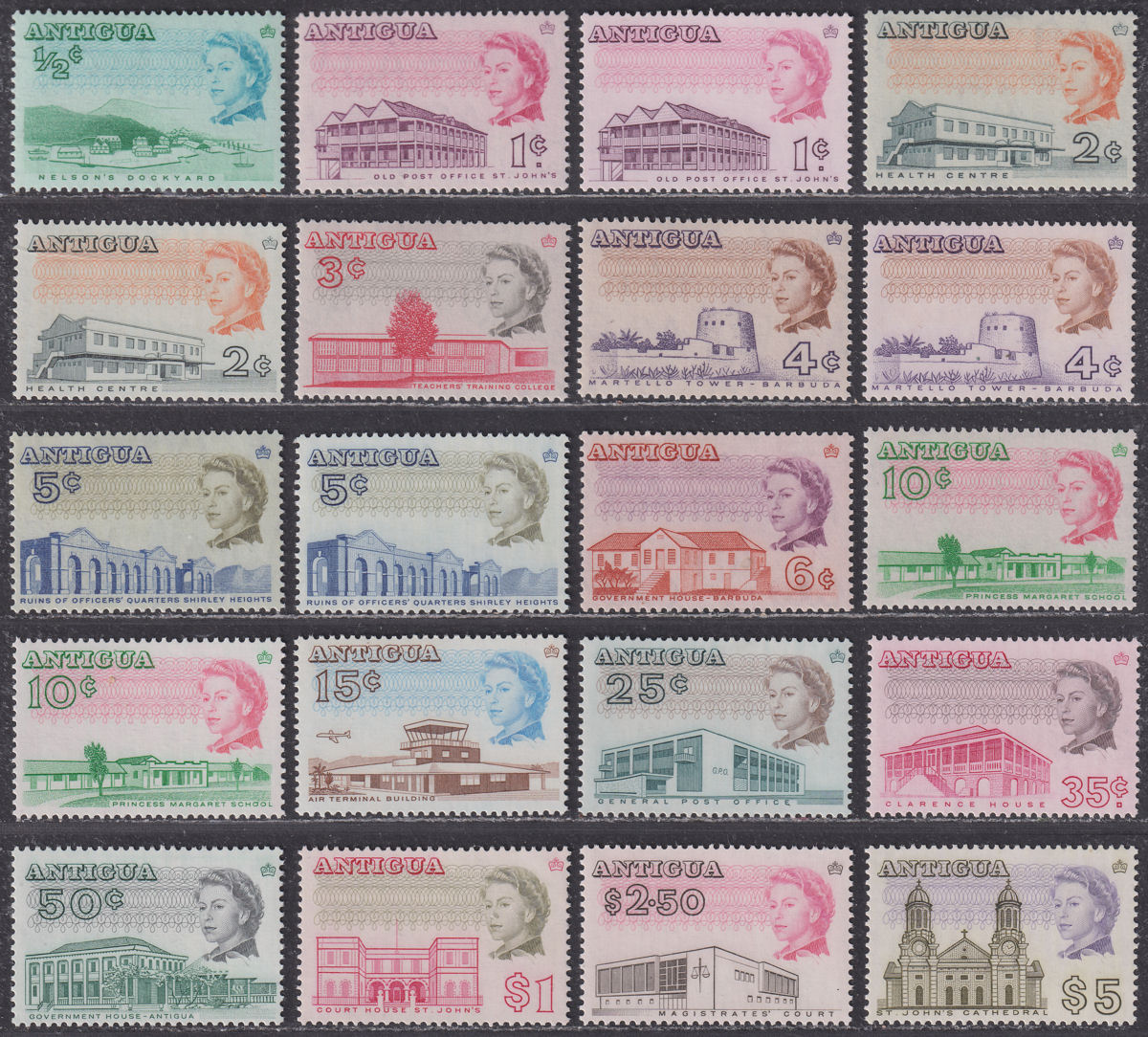 Antigua 1969-70 QEII Buildings perf 13½ Set + Papers Mint cat £45