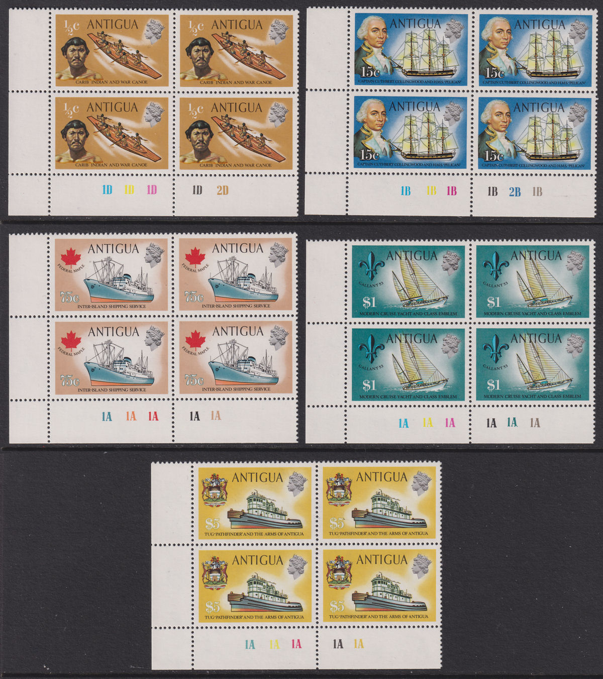 Antigua 1972 QEII Wmk Upright Plate Number Part Block Set to $5 Mint