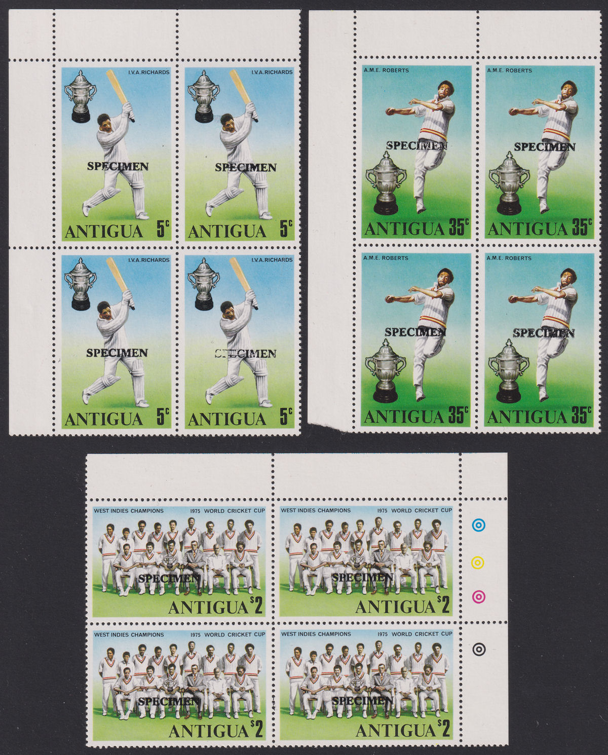 Antigua 1975 QEII SPECIMEN World Cup Cricket Winners Block Set Mint SG466s-468s