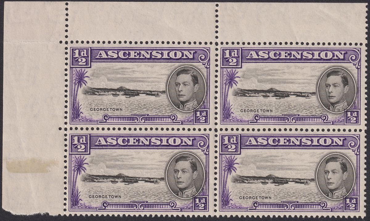 Ascension 1938 KGVI Georgetown ½d p13½ Block with Frame Re-Entry Mint SG38 var