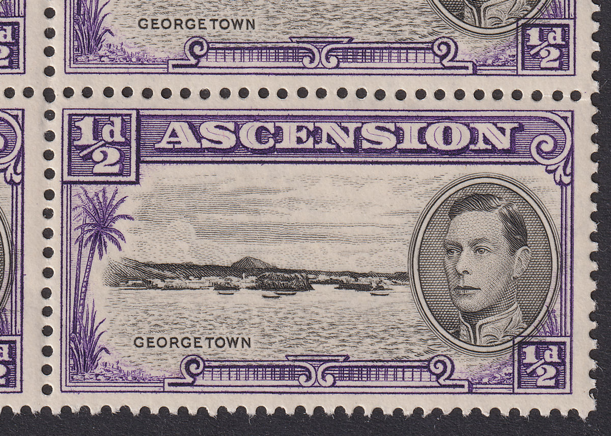 Ascension 1938 KGVI Georgetown ½d p13½ Block with Frame Re-Entry Mint SG38 var
