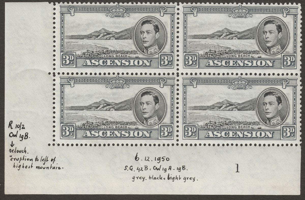 Ascension 1944 KGVI 3d Black and Grey Block with Retouch p13 Mint SG42b var