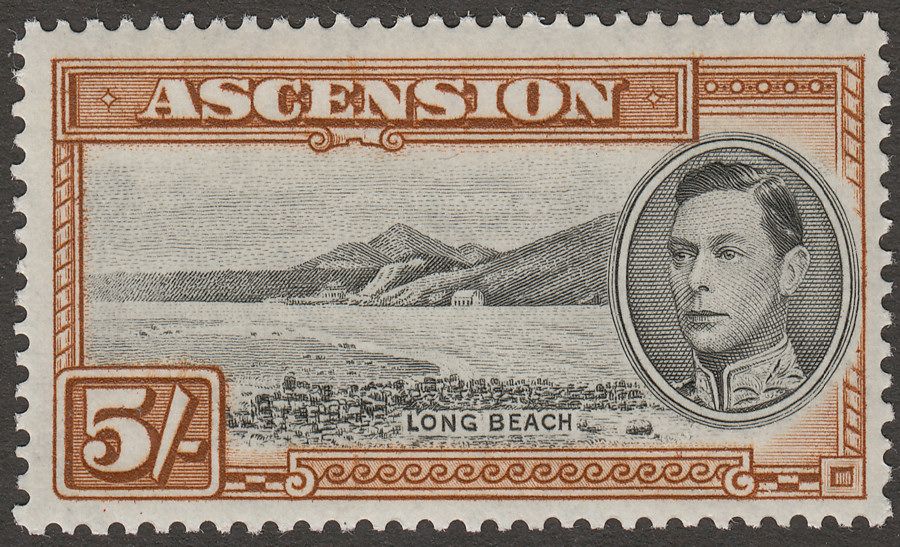 Ascension 1938 KGVI Long Beach 5sh Black and Yellow-Brown p13½ Mint SG46