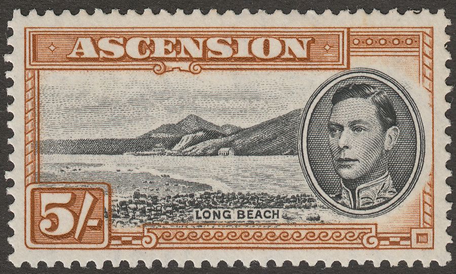 Ascension 1944 KGVI Long Beach 5sh Black and Yellow-Brown p13 Mint SG46a