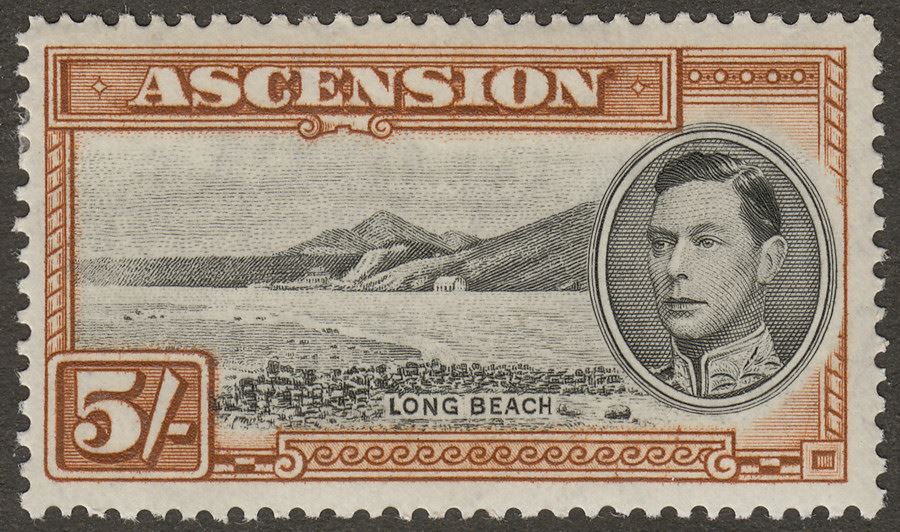 Ascension 1938 KGVI Long Beach 5sh Black and Yellow-Brown p13½ Mint SG46