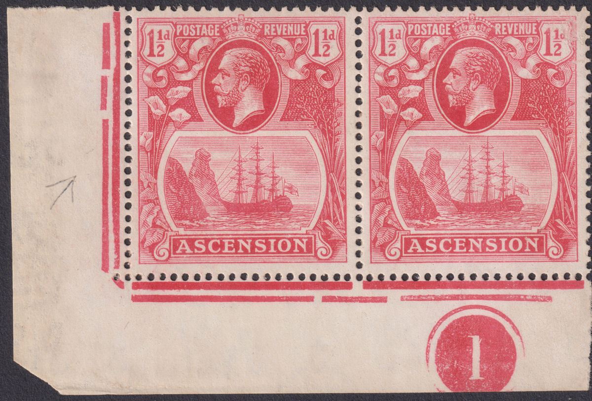 Ascension 1924 KGV Badge 1½d w Variety Cleft Rock Unused SG12c c£170 VERY FAULTY