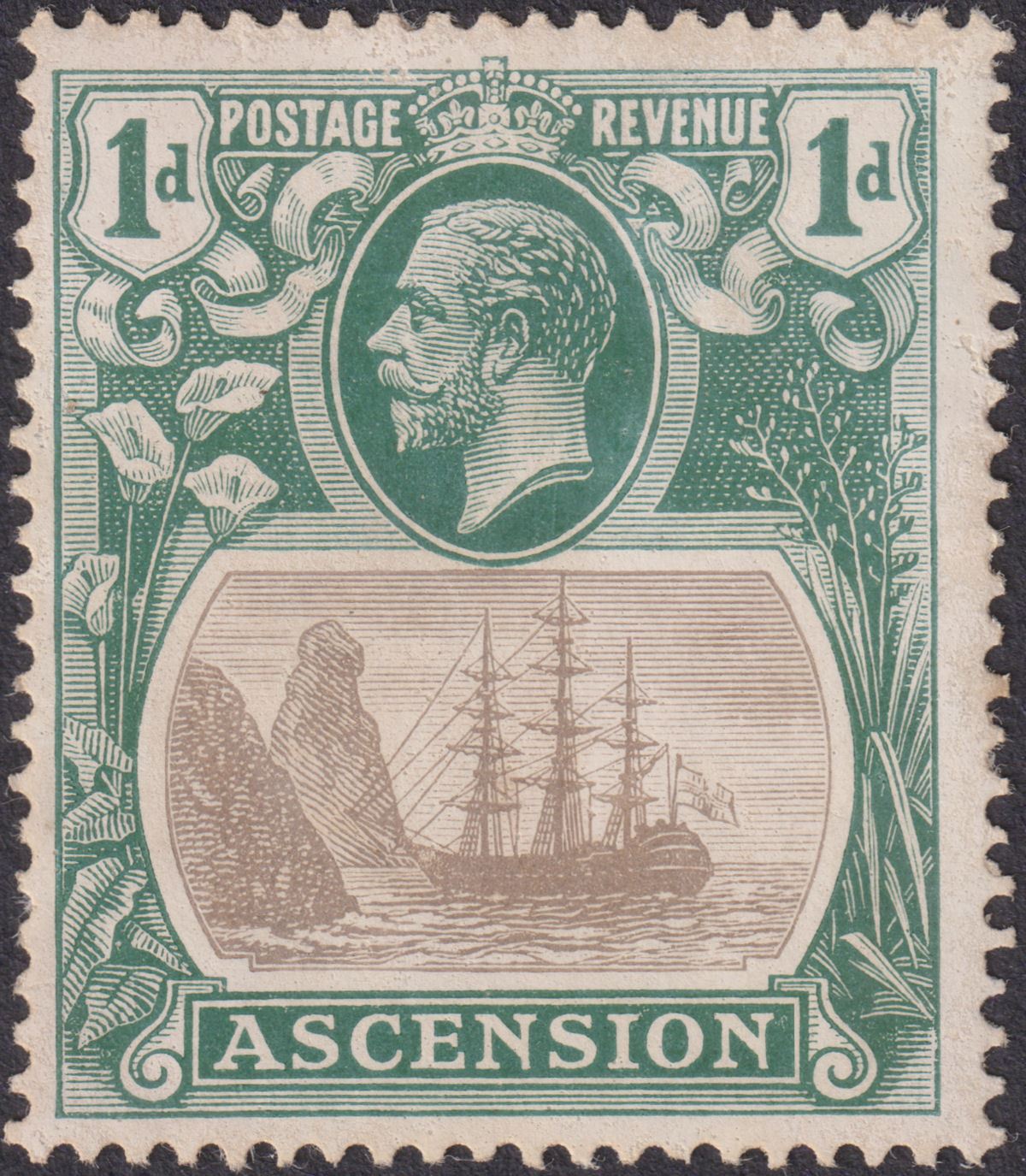 Ascension 1924 KGV Badge 1d Variety Torn Flag Unused SG11b cat £150 FAULTY