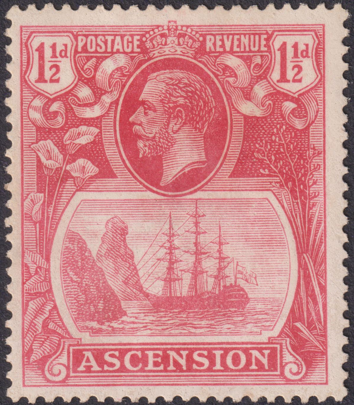 Ascension 1924 KGV Badge 1½d Variety Torn Flag Unused SG12b cat £180 FAULTY