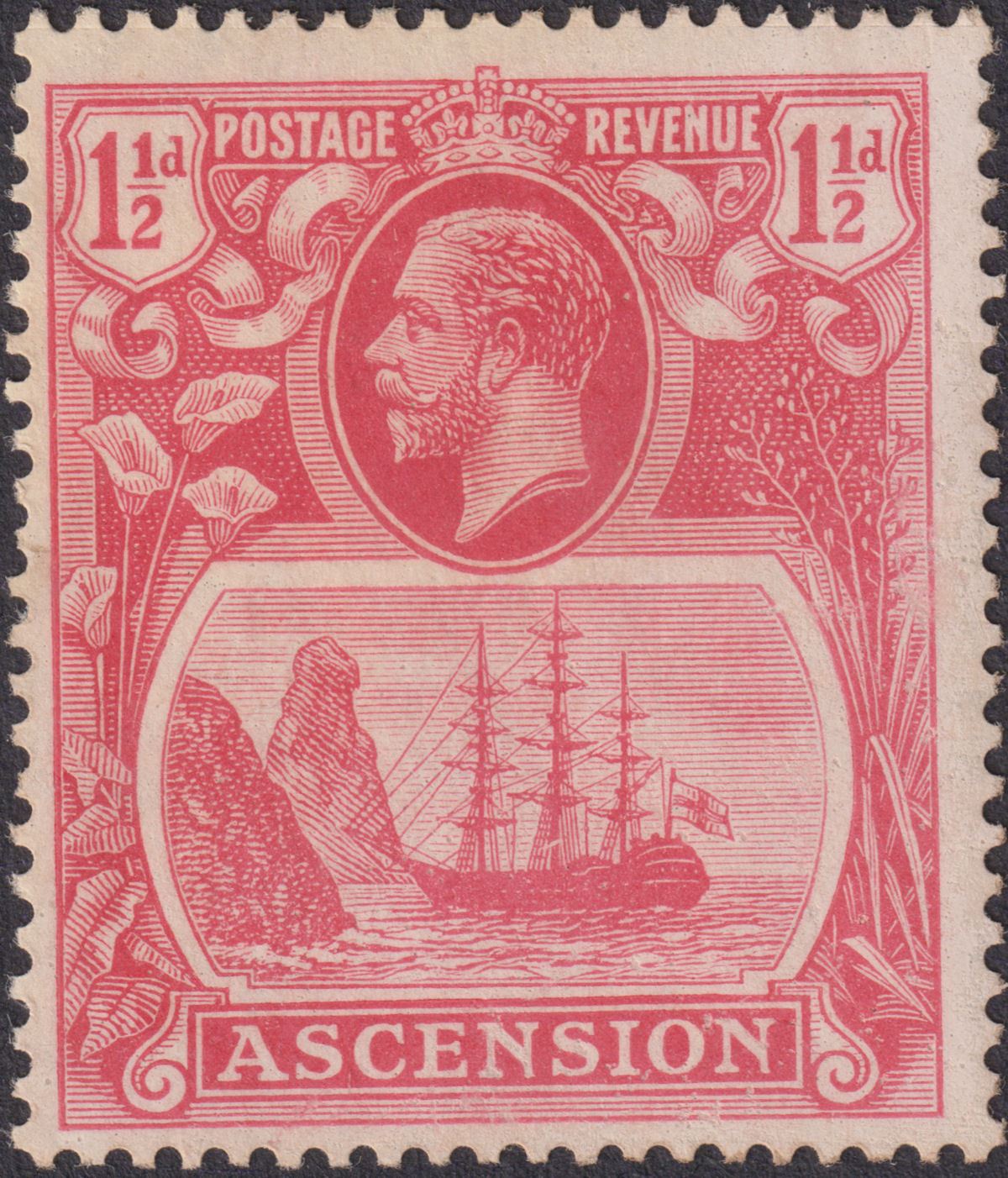Ascension 1924 KGV Badge 1½d Variety Broken Mainmast Unused SG12a cat£170 FAULTY