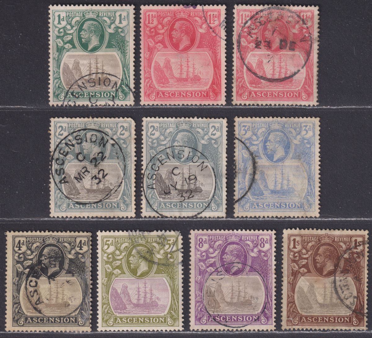 Ascension 1924 King George V Badge Part Set to 1sh Used