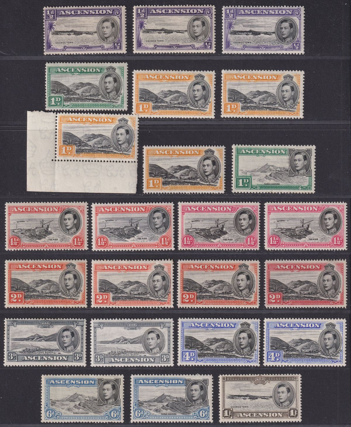 Ascension 1938-49 KGVI Part Set to 1sh Mint inc 1d Green Mountain