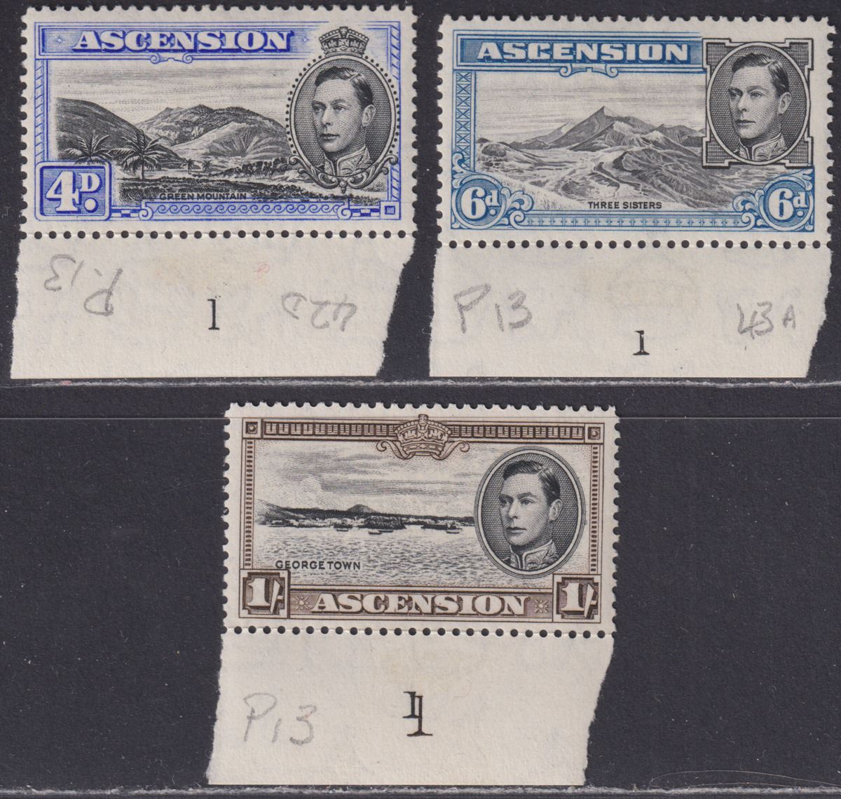 Ascension 1944 KGVI 4d, 6d, 1sh Plate 1 Marginals Mint SG42d SG43b SG44a cat £32