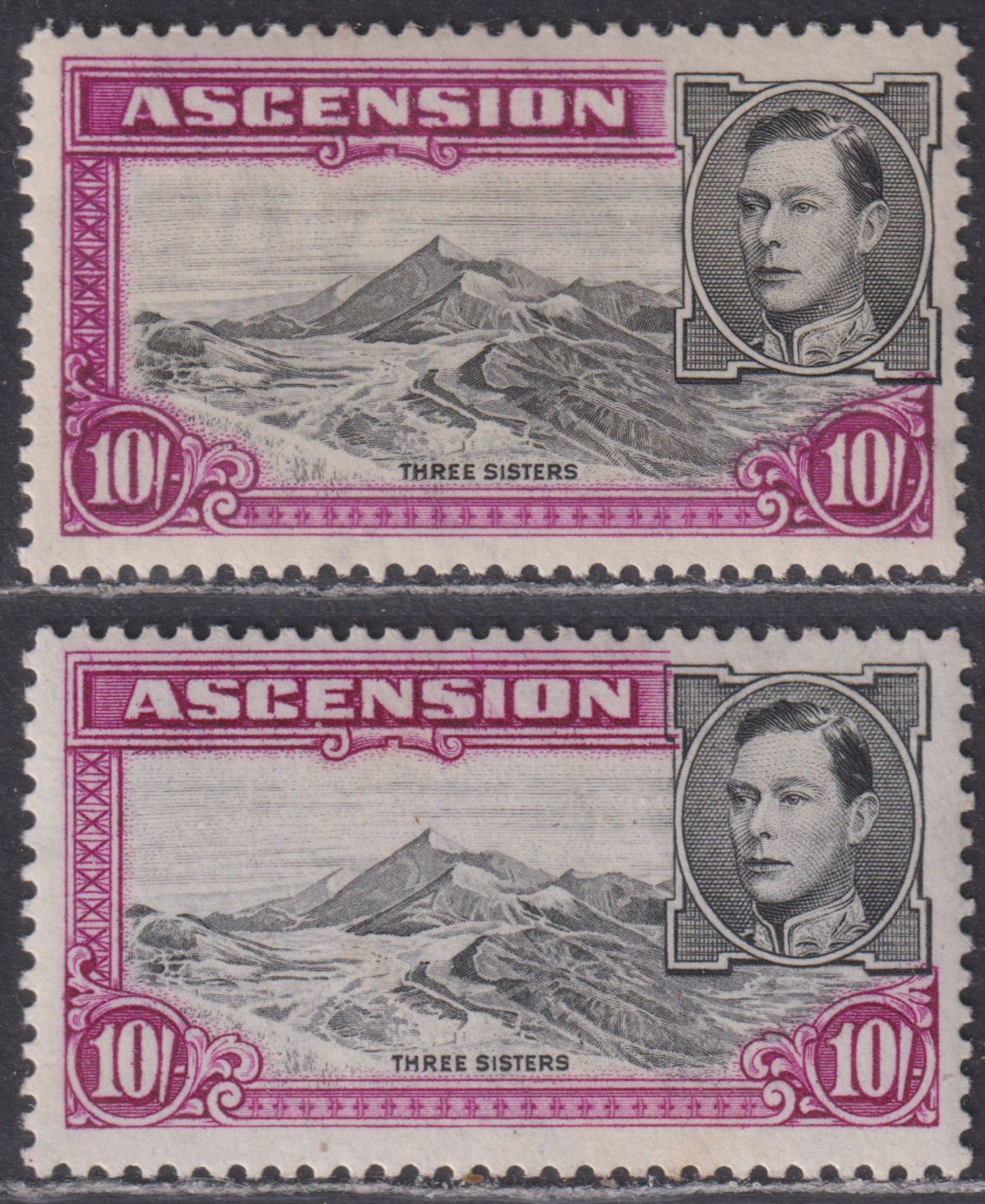 Ascension 1938-44 KGVI 10sh Black + Br Purple p13½, p13 Mint SG47 SG47b cat £175