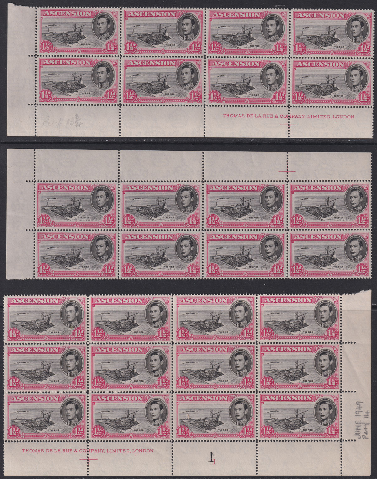 Ascension 1949 KGVI 1½d Rose-Carmine Blocks Perf 14 Mint SG40d