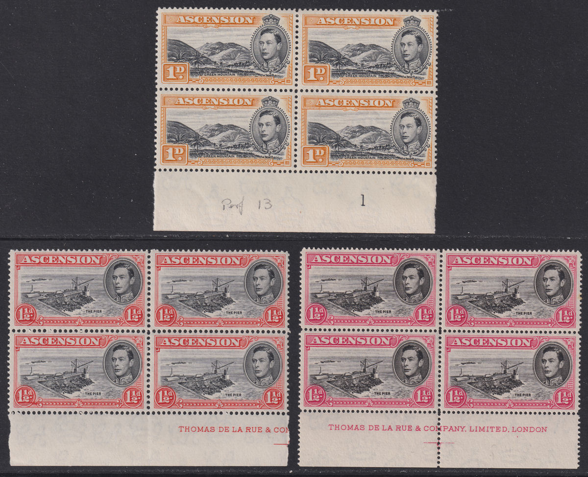 Ascension 1942-49 KGVI 1d 1½d Imprint / Plate Blocks of 4 Mint SG39b SG40b SG40d