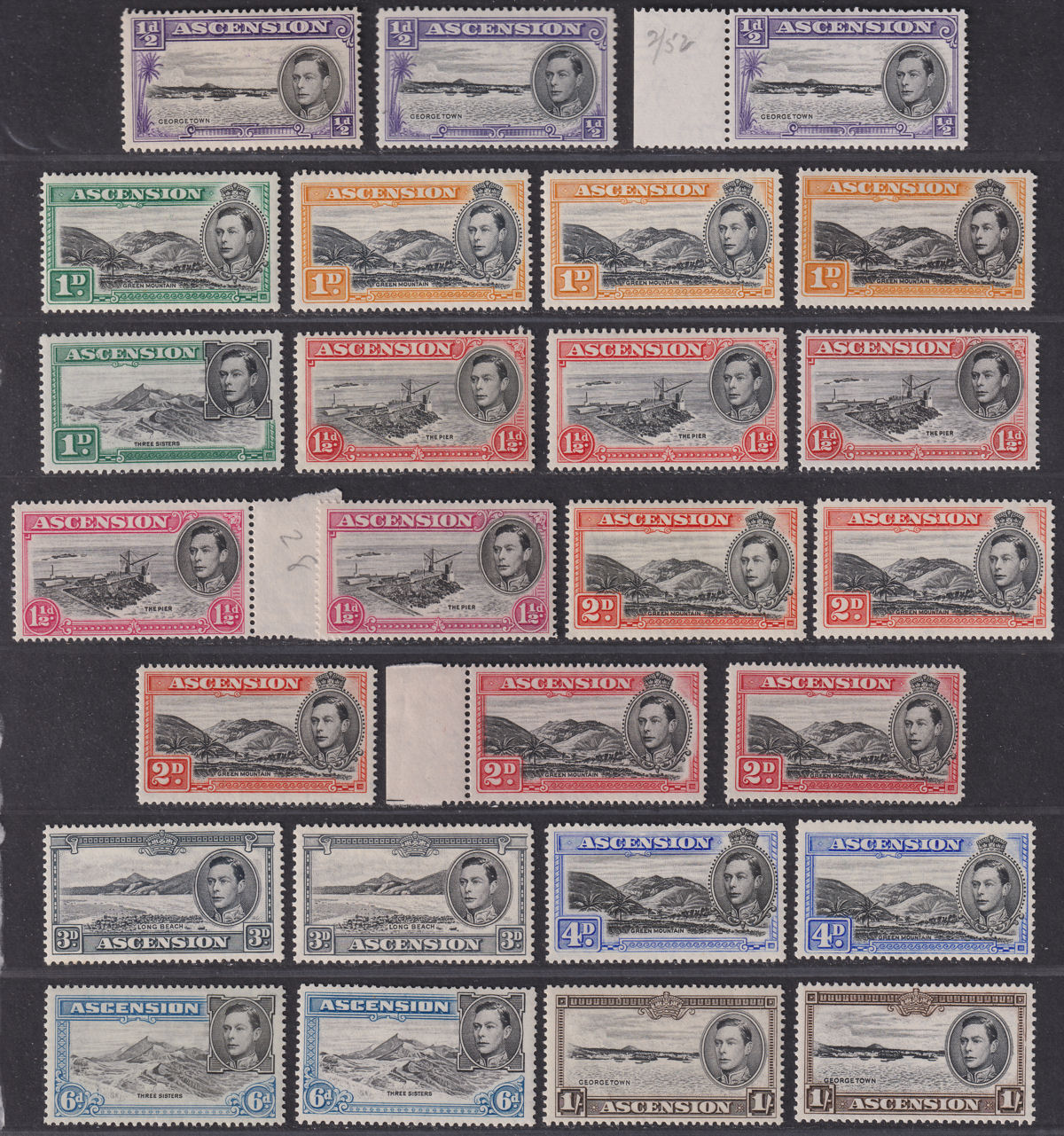 Ascension 1938-49 KGVI Part Set to 1sh with Perf / Shade Varieties Mint