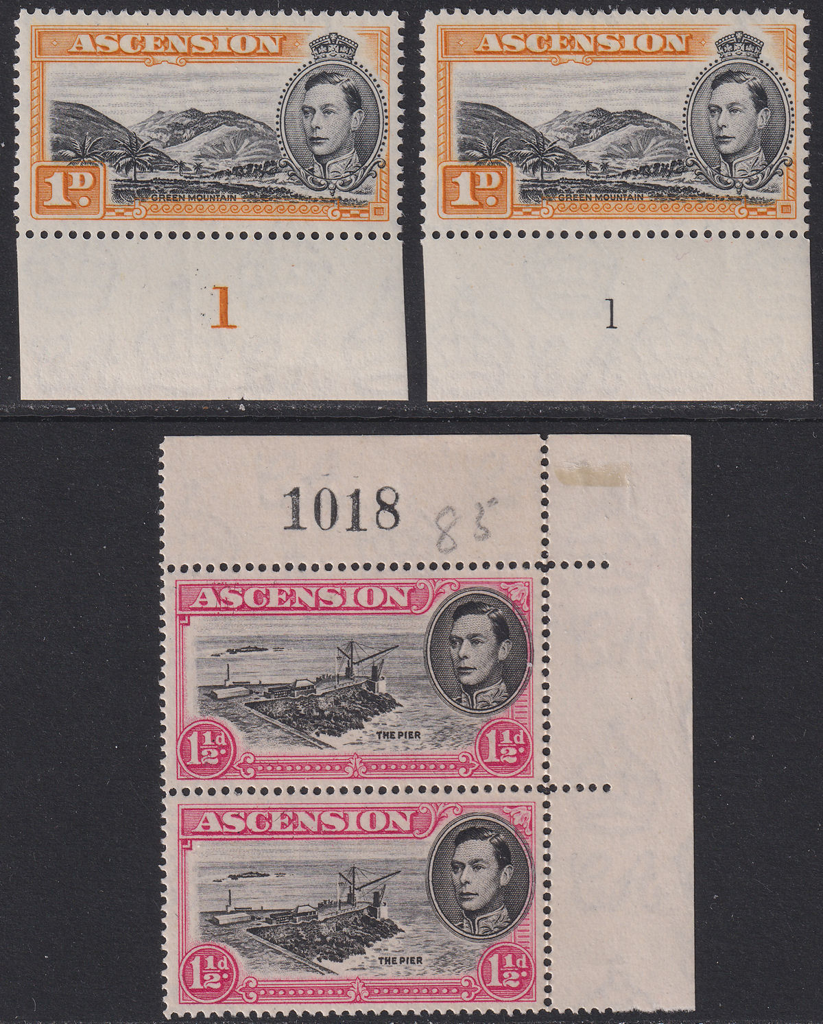 Ascension 1942-49 KGVI Plate No 1d + Sheet No 1½d Pair Mint SG39b SG40d