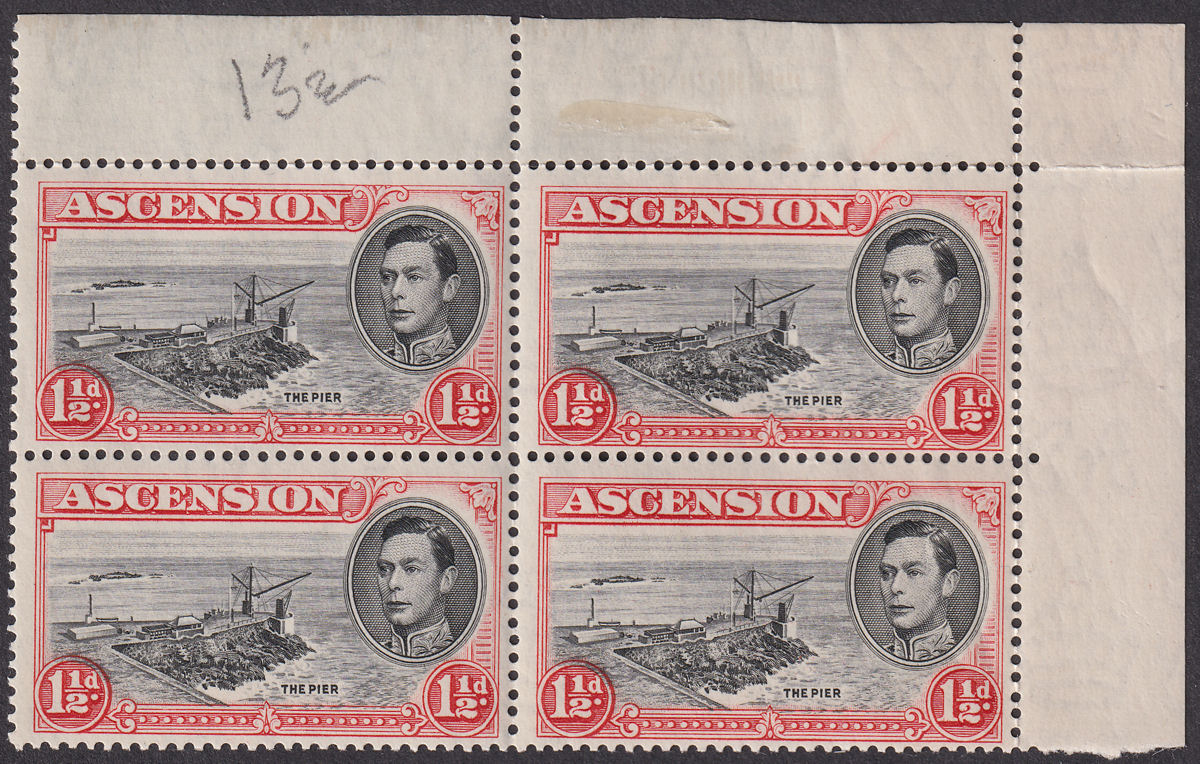 Ascension 1938 KGVI 1½d Black and Vermilion p13½ Block of 4 Mint SG40 cat £40
