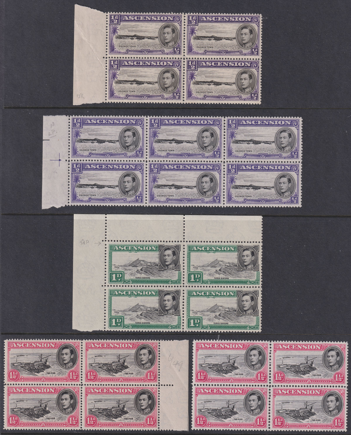 Ascension 1938-53 KGVI Part Set Blocks to 2d Mint