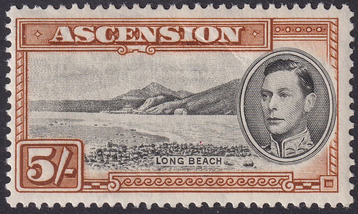 Ascension 1938 KGVI Long Beach 5sh Black + Yellow-Brown p13½ Mint SG46 c£100 FLT