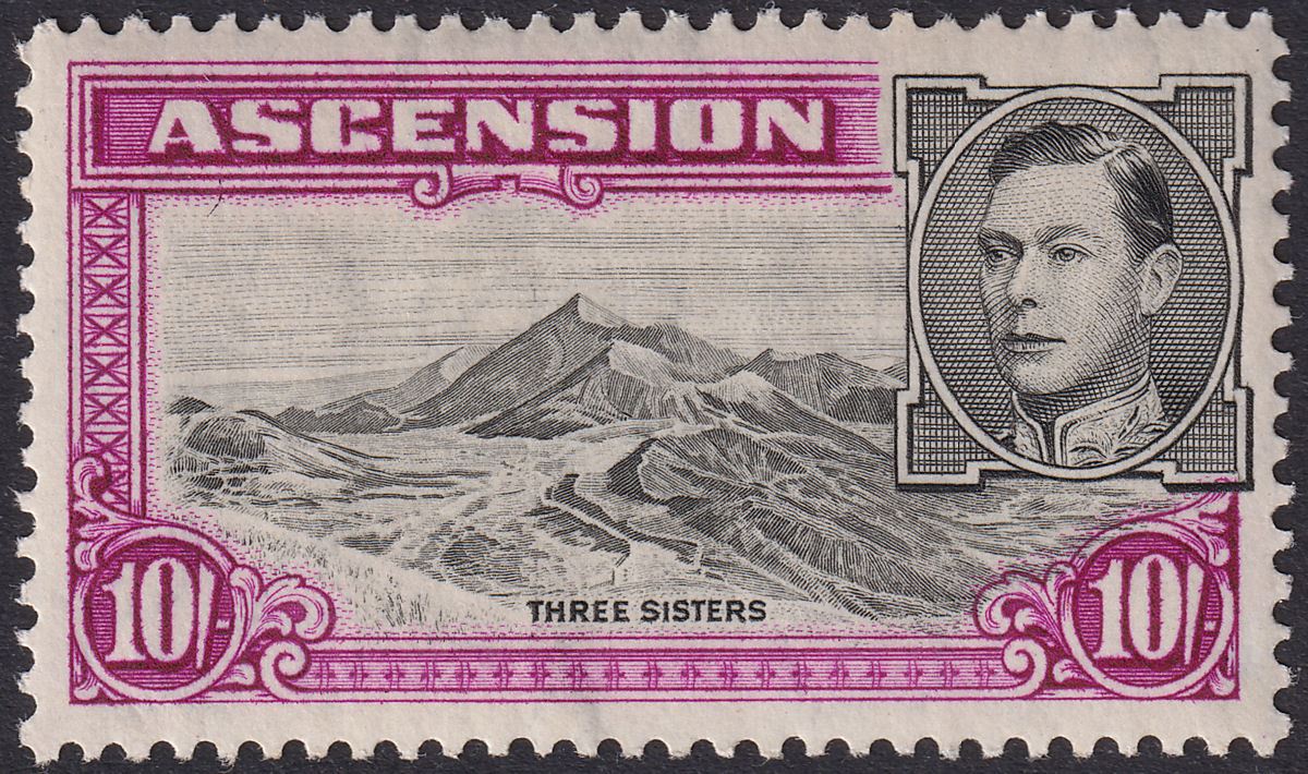 Ascension 1938 KGVI Three Sisters 10sh Black + Brt Purple p13½ Mint SG47 cat£120