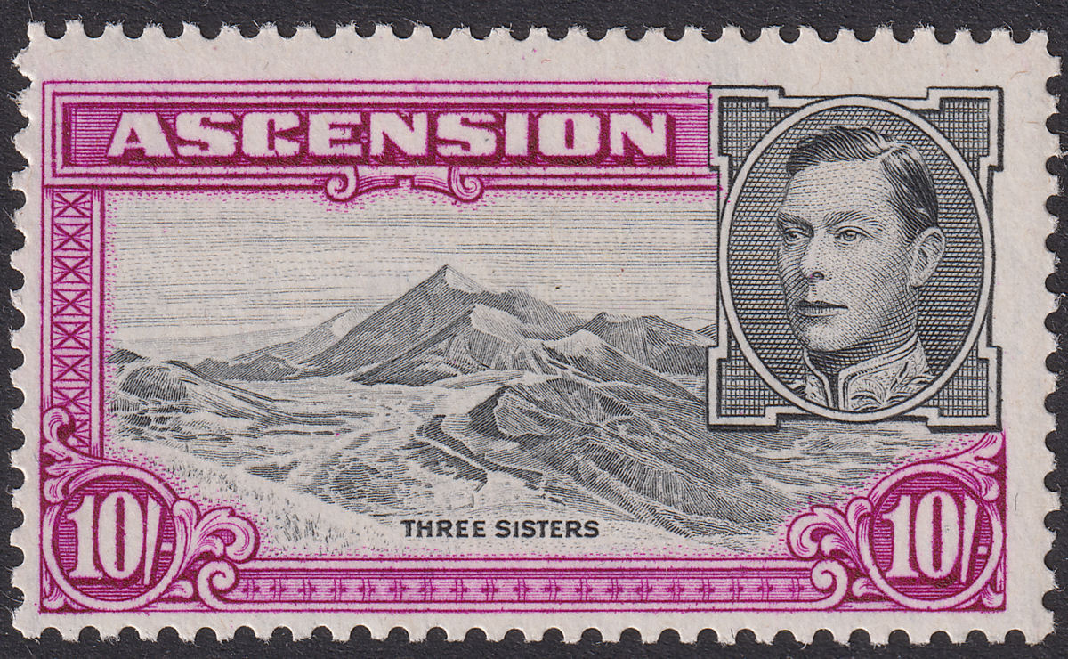 Ascension 1944 KGVI Three Sisters 10sh Black and Bright Purple p13 Mint SG47b