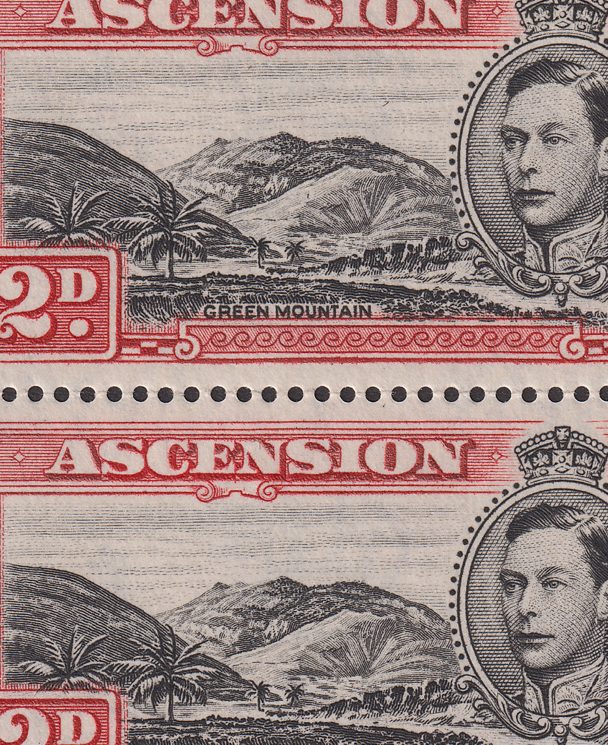 Ascension 1949 KGVI 2d Scarlet w Mountaineer Flaw Variety Mint SG41ca c£300 oxid