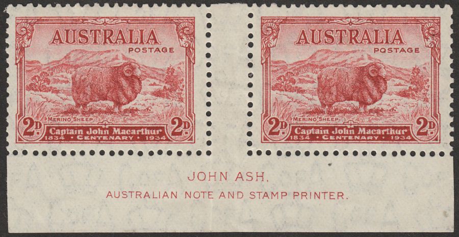 Australia 1934 Macarthur 2d Imprint perf not through margin Pair Mint SG150