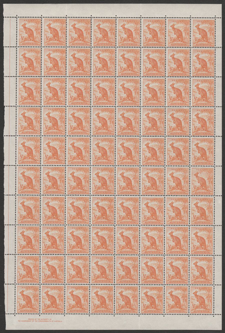 Australia 1949 Kangaroo ½d Pane with Sky Retouch Mint SG228b