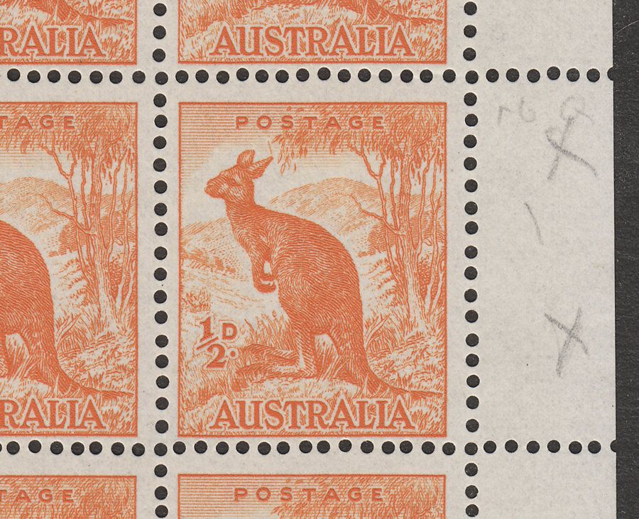 Australia 1949 Kangaroo ½d Pane with Line to Ear Mint SG228a