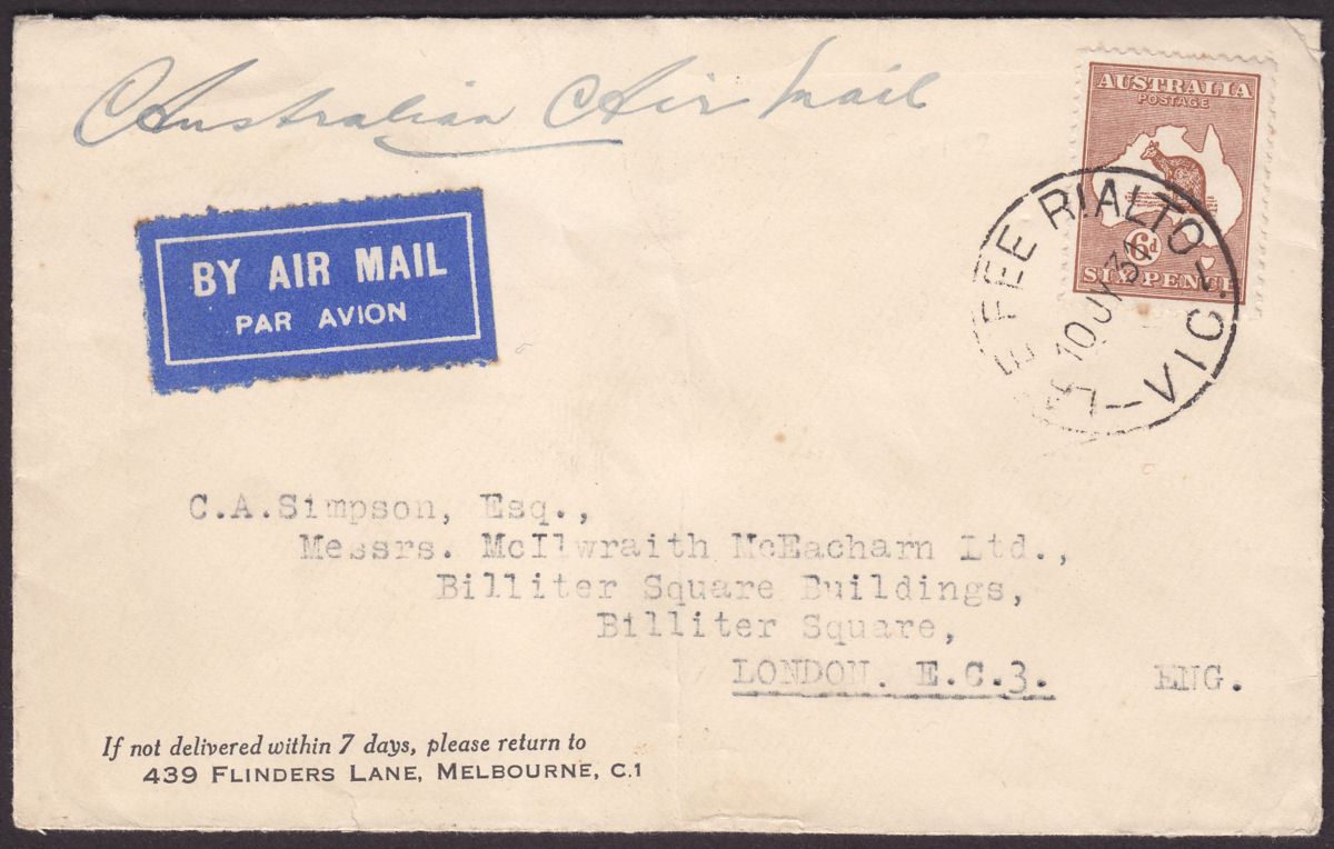Australia 1931 KGV Roo 6d Used on Airmail Cover to UK with Rialto Postmark