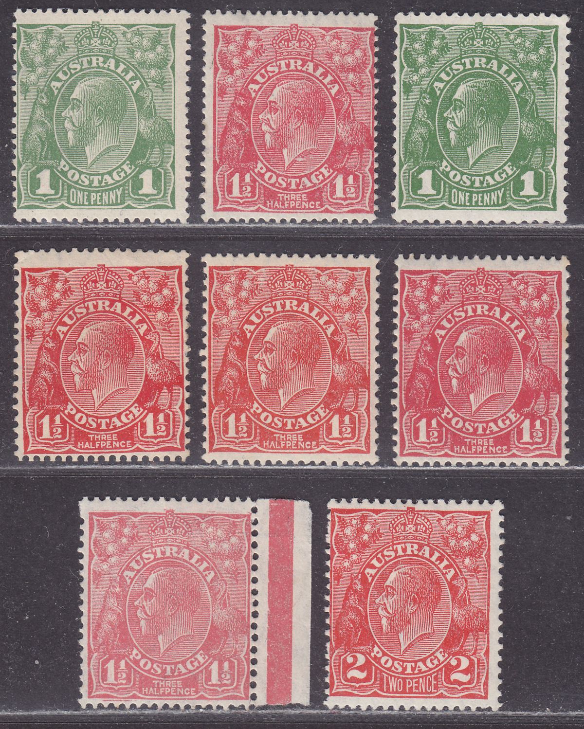 Australia 1924-30 King George V Head 1d, 1½d, 2d Selection Mint