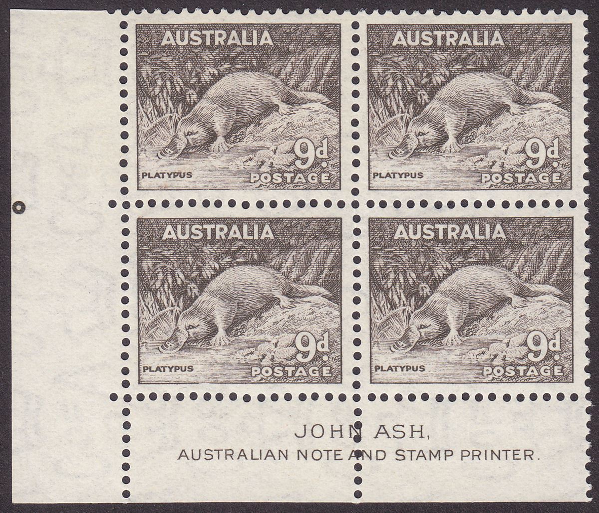 Australia 1938 KGVI Platypus 9d Chocolate Imprint Block of 4 Mint SG173 cat £36