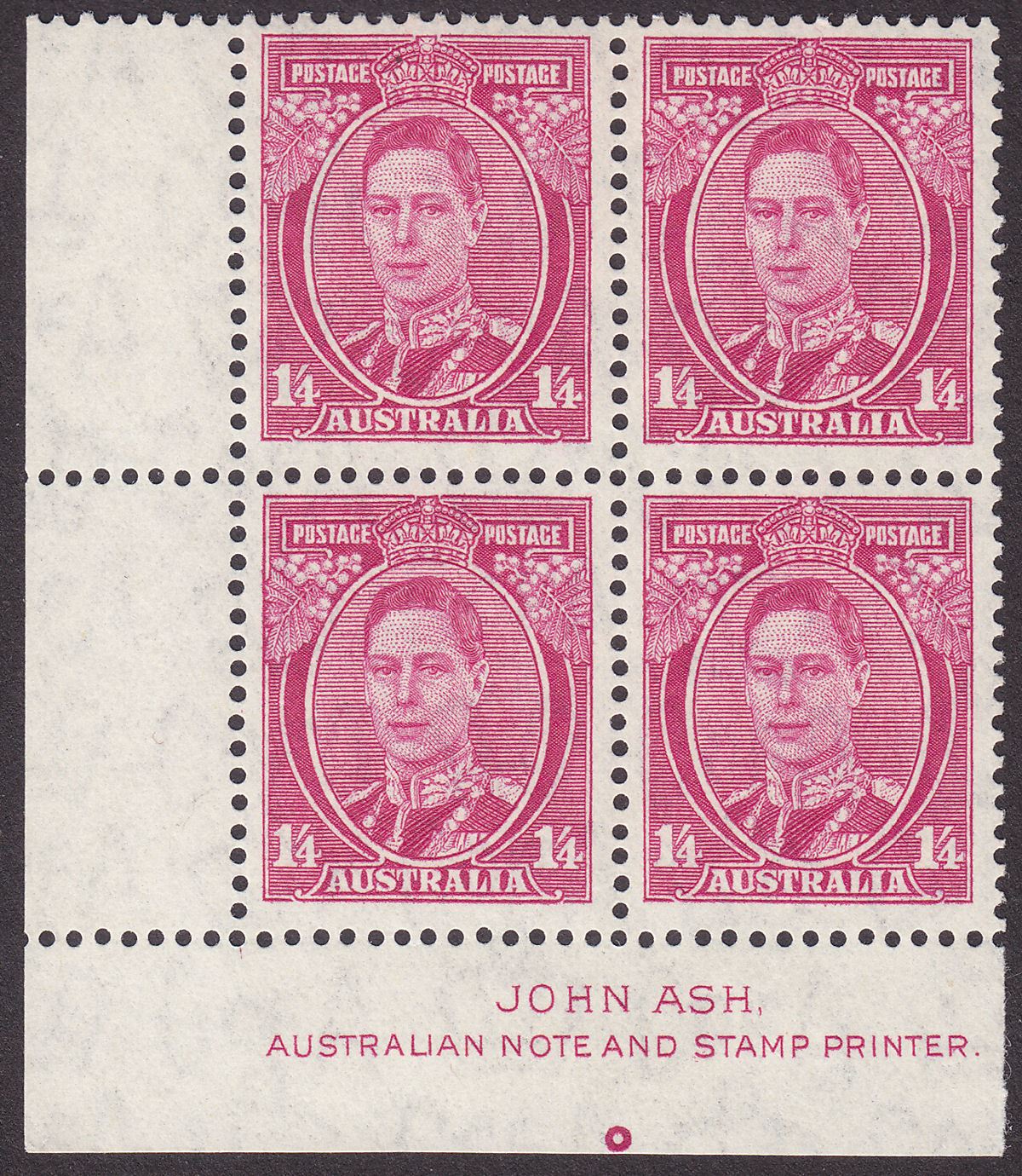 Australia 1943 KGVI 1sh4d Deep Magenta Imprint Block of 4 Mint SG175a