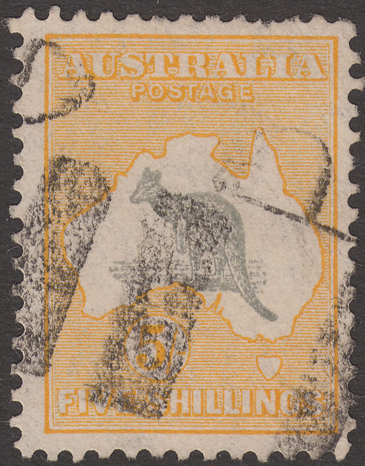 Australia 1932 KGV Roo 5sh Grey and Yellow wmk CofA Used SG135 cat £20 perf flt