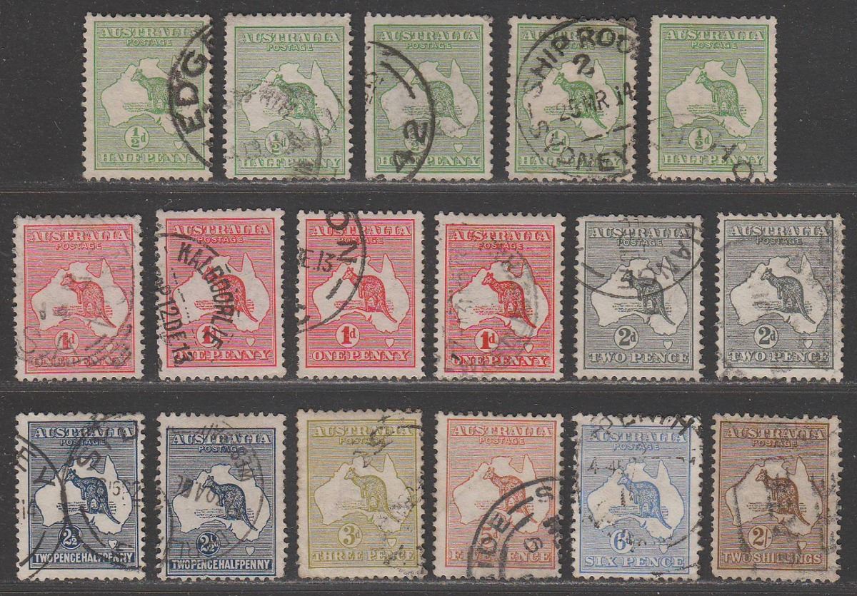 Australia 1913 KGV Roo wmk Wide Crown Selection to 2sh Used