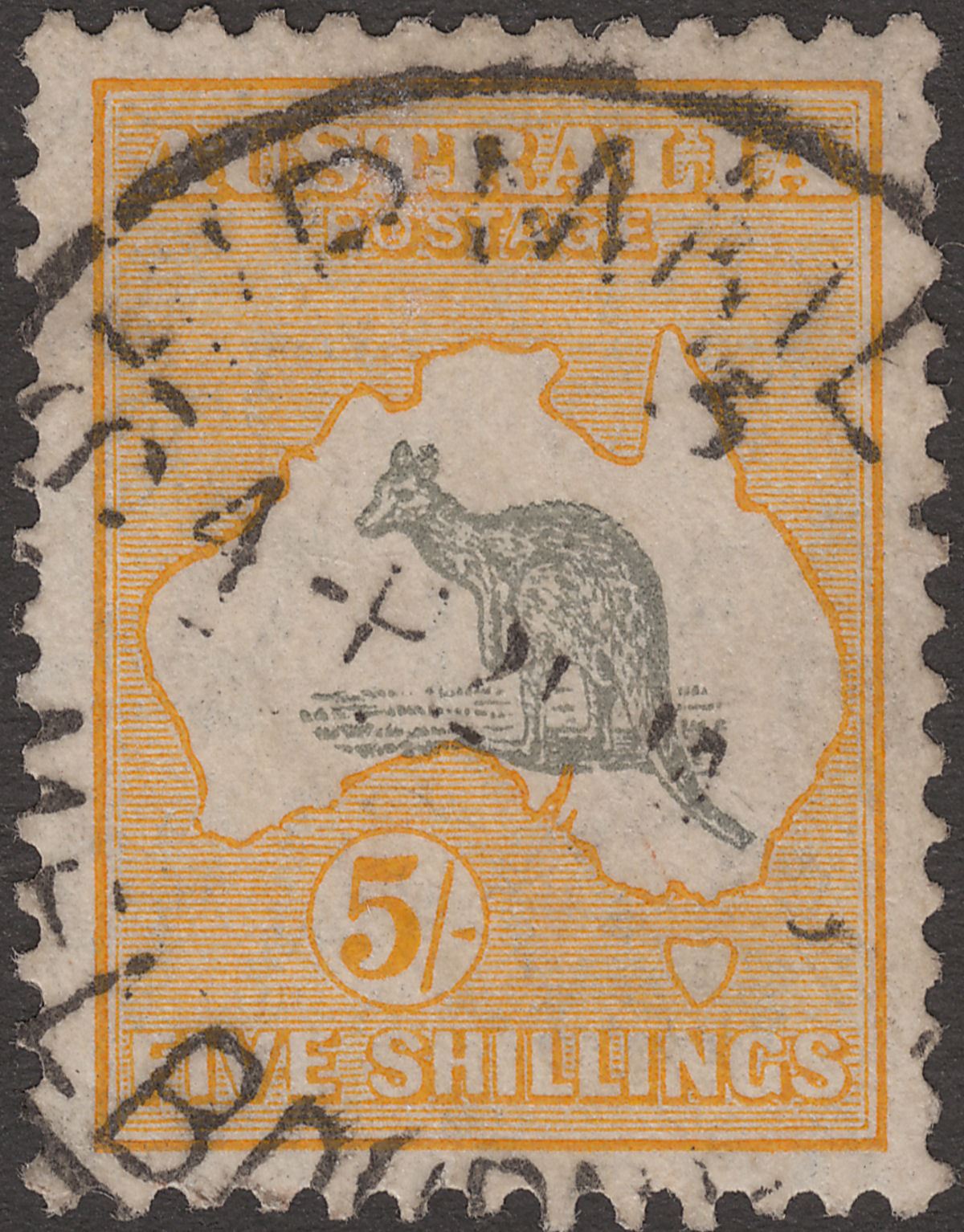 Australia 1932 KGV Roo 5sh Grey and Yellow wmk CofA Used SG135 cat £20